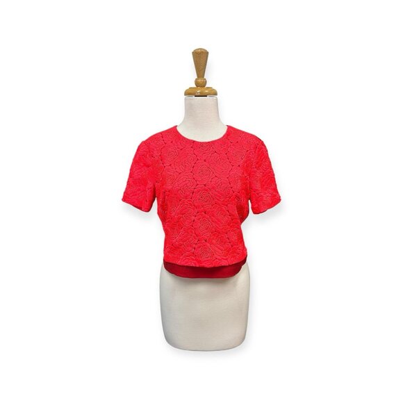 ALC Short Sleeve Floral Lace Cropped Blouse Neon Pink Size 6 - Picture 1 of 7